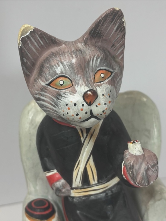 Set Of 2 Hand Carved Painted Wood Cats- Folk Art Whimsical Therapist Kitty Vtg - Picture 10 of 15